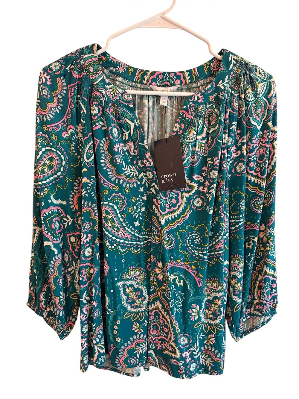 crown & ivy Teal Paisley Peasant Top PS